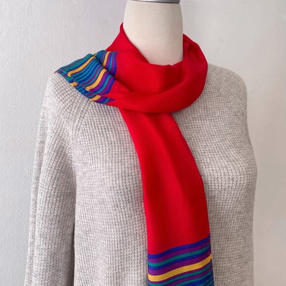 Vintage 100% Silk Shawl Scarf Semi Sheer Striped Red Blue Purple Yellow Green - Picture 3 of 8